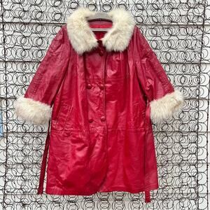 Vint 60s 70s Red Leather & Silver Fox Fur Collar Mrs Claus Christmas Trench Coat